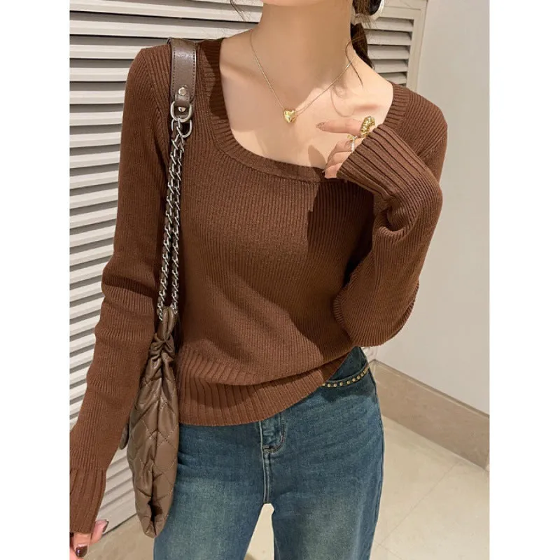 Knitted sweater women's spring and autumn 2024 new autumn and winter top with square neck bottoming shirt short slim-fit sweater winter