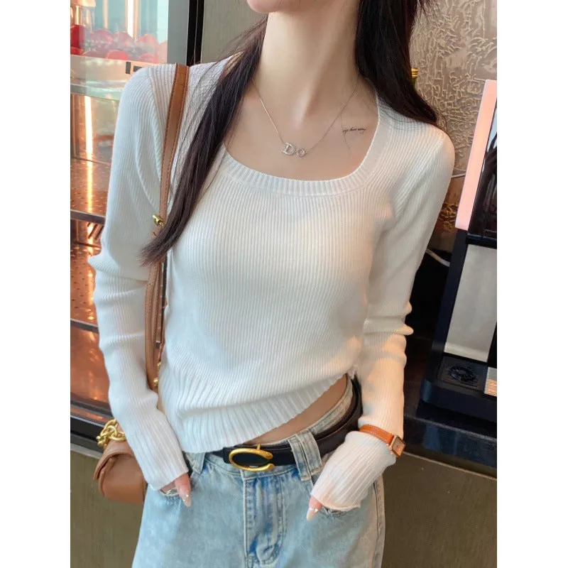 Knitted sweater women's spring and autumn 2024 new autumn and winter top with square neck bottoming shirt short slim-fit sweater winter