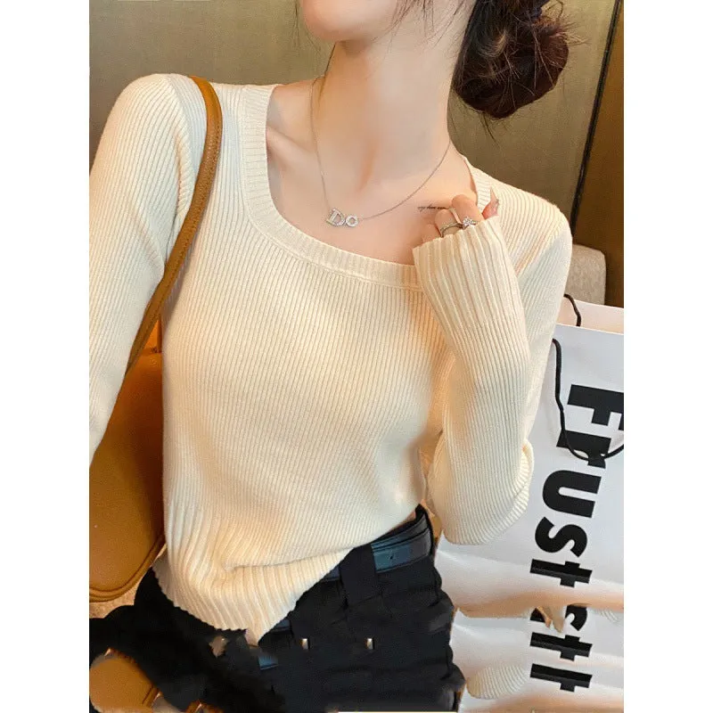 Knitted sweater women's spring and autumn 2024 new autumn and winter top with square neck bottoming shirt short slim-fit sweater winter