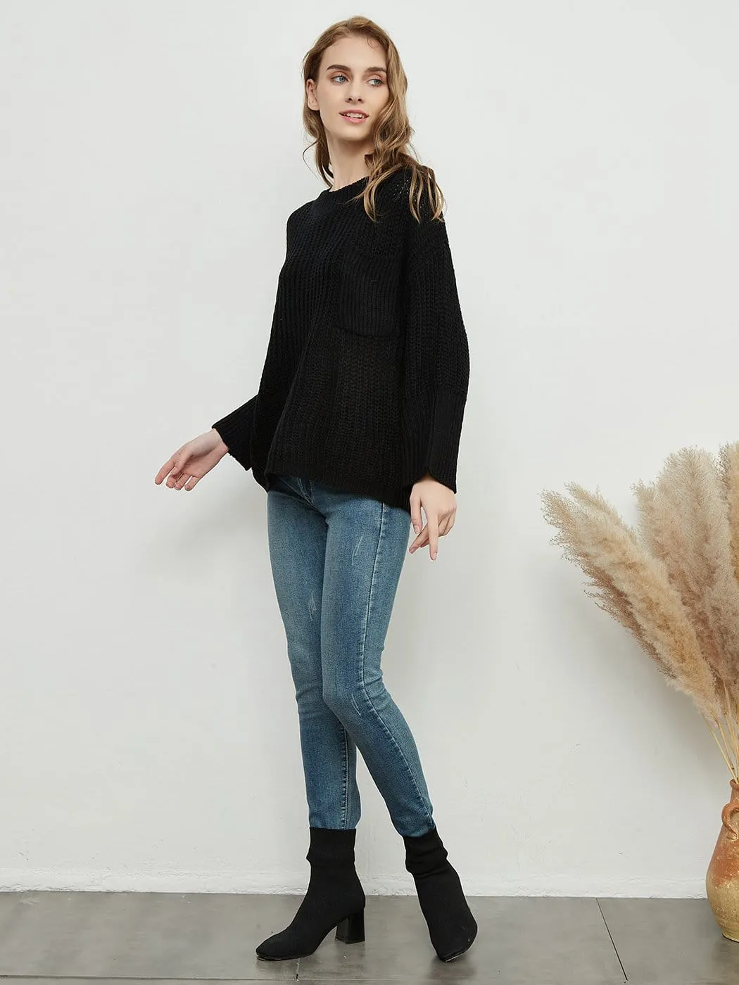 Knitted Turtleneck Sweater With Batwing Sleeves