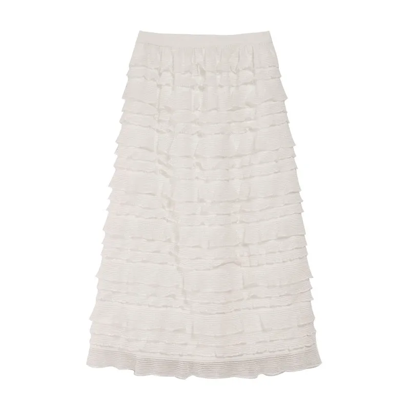 [Korean Style] High Waist  White Tulle Tiered Long Skirt