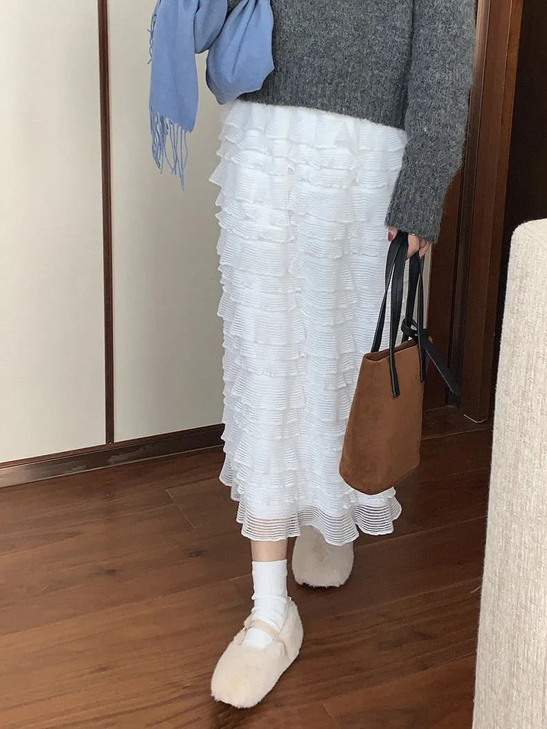 [Korean Style] High Waist  White Tulle Tiered Long Skirt