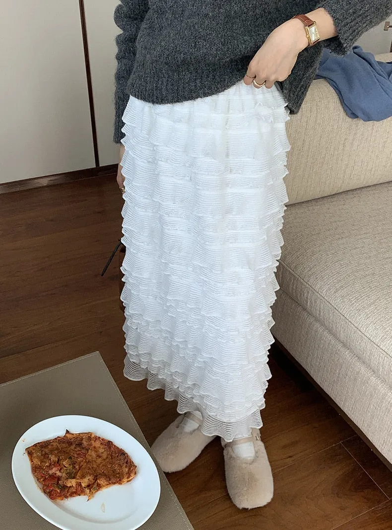 [Korean Style] High Waist  White Tulle Tiered Long Skirt