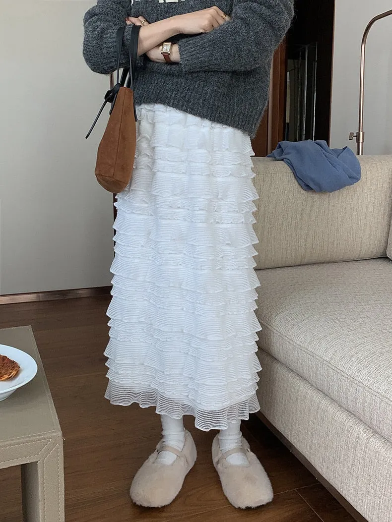 [Korean Style] High Waist  White Tulle Tiered Long Skirt