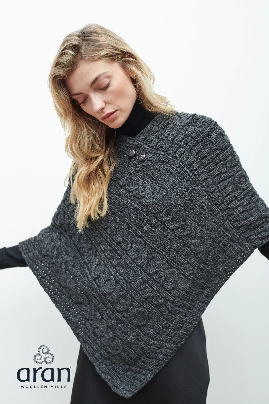 Ladies Worsted Wool Button Design Poncho by Aran Mills