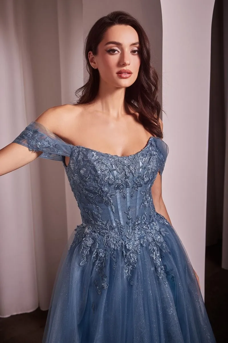 Ladivine CD799 Size 10 Smoky Blue Tulle A Line Shimmer Dress Formal Off the Shoulder Ballgown Lace Bodice