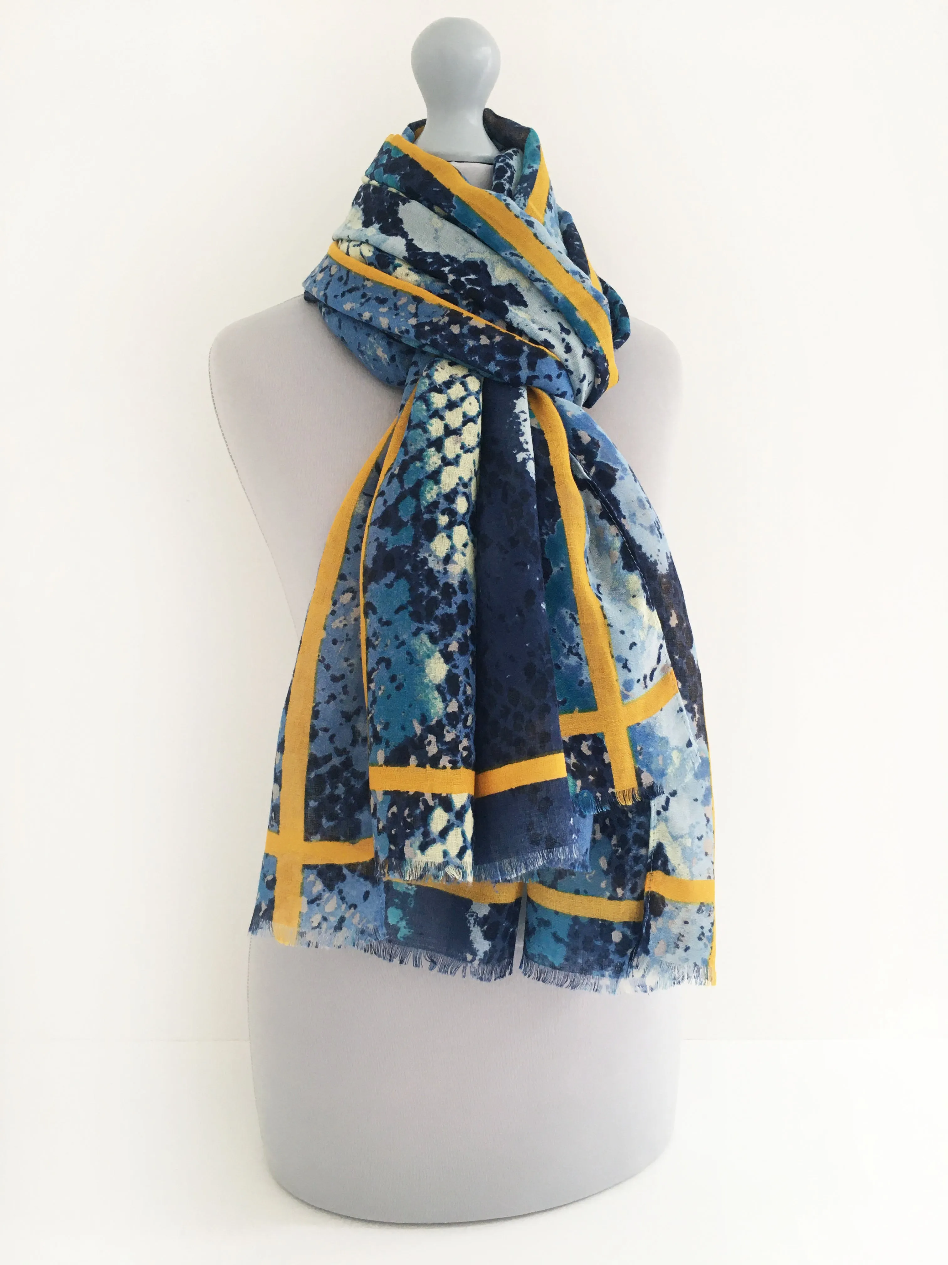 LARGE BLUE SNAKESKIN PRINT SHAWL SCARF WITH STRIPE