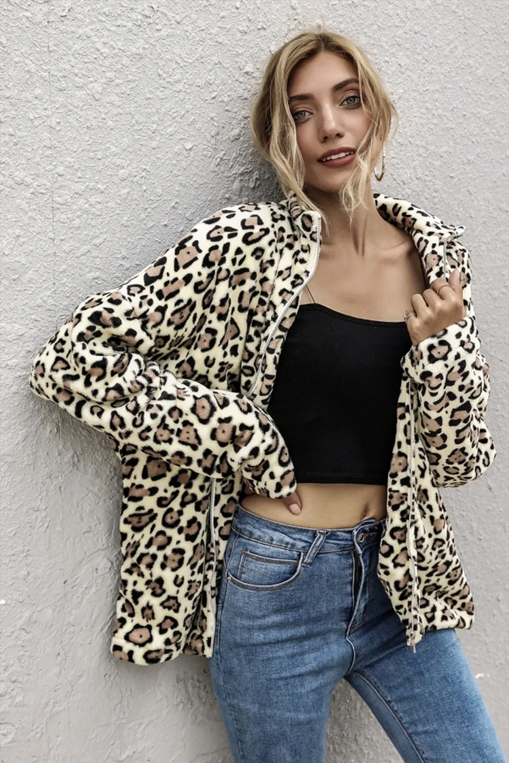 Leopard Print Lapel Long Sleeve Loose Coat