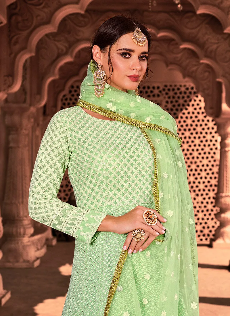 Light Green Lucknowi Embroidered Anarkali Suit