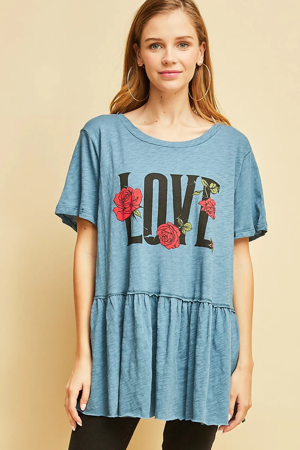 Love Graphic Peplum Top, Blue