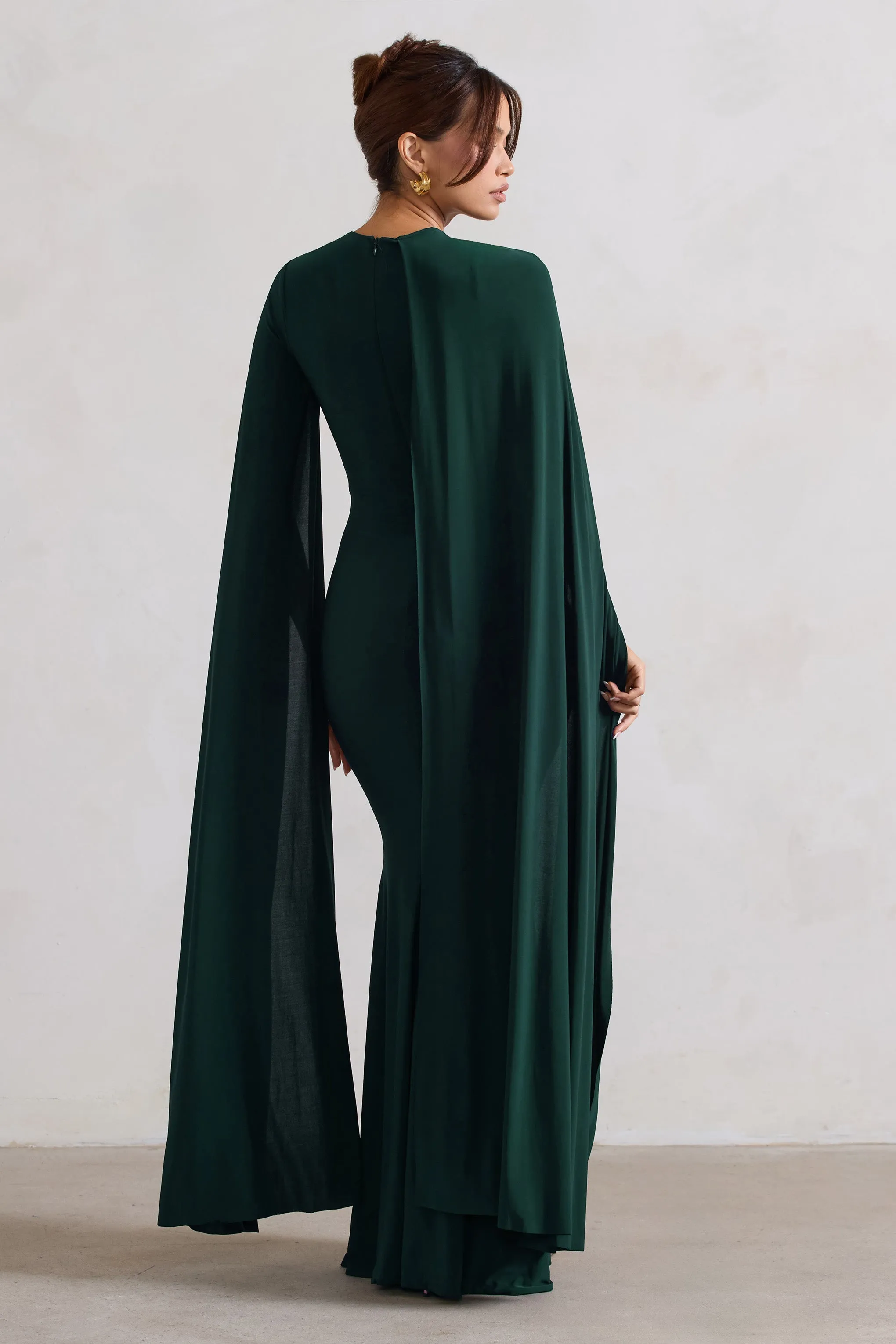 Magdelena | Bottle Green Asymmetric Cape Maxi Dress