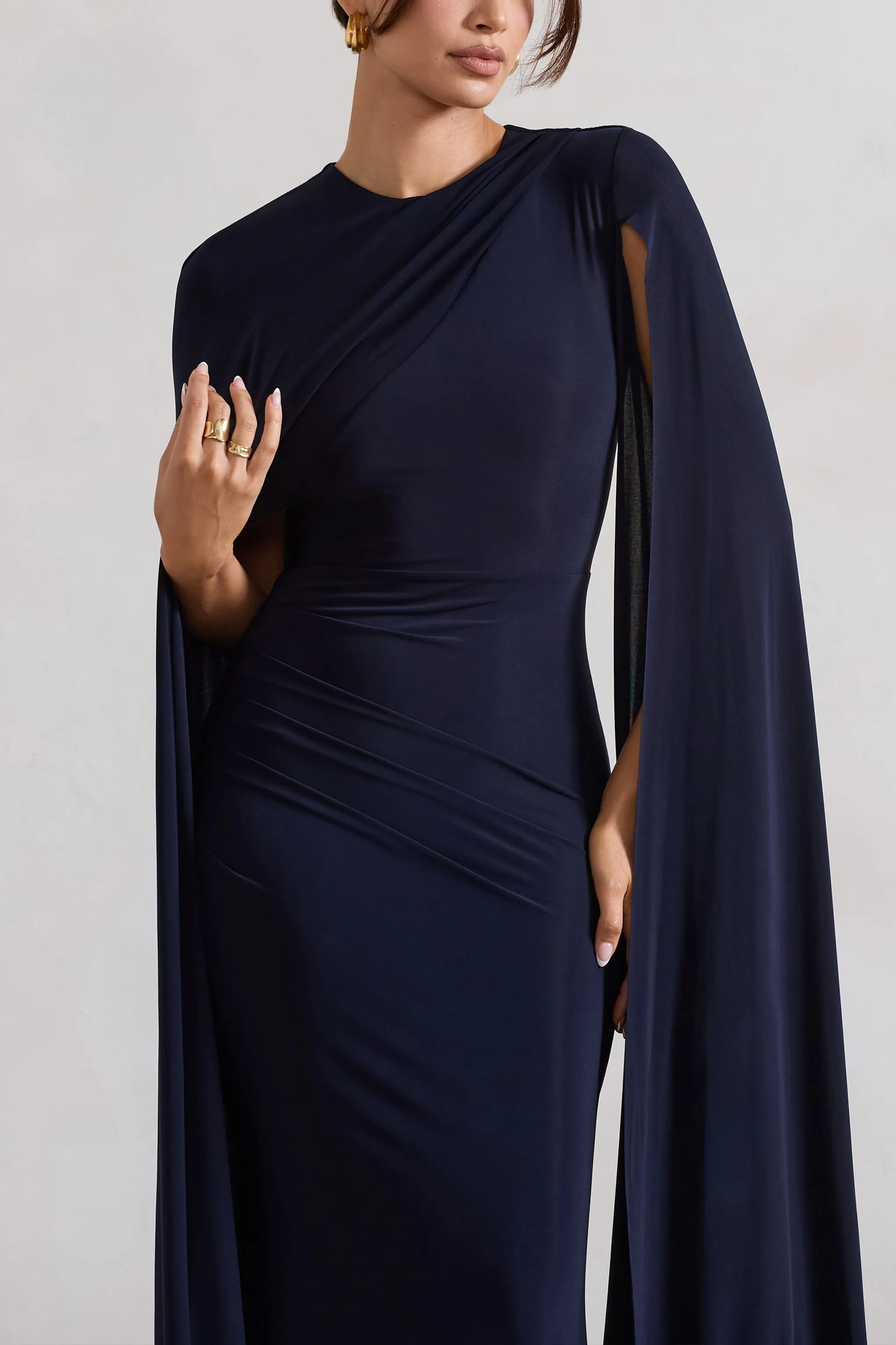 Magdelena | Navy Asymmetric Cape Maxi Dress