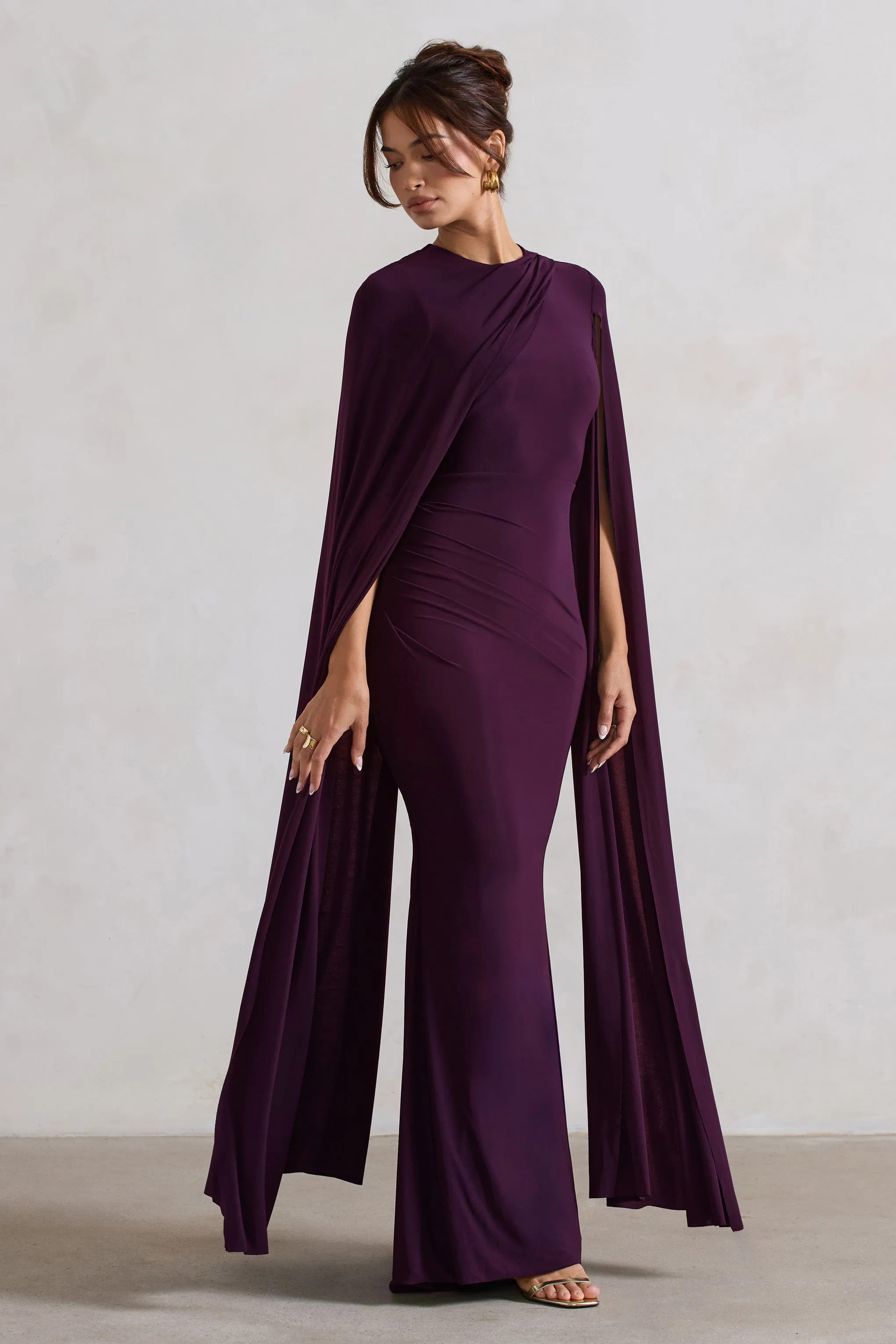 Magdelena | Plum Asymmetric Cape Maxi Dress