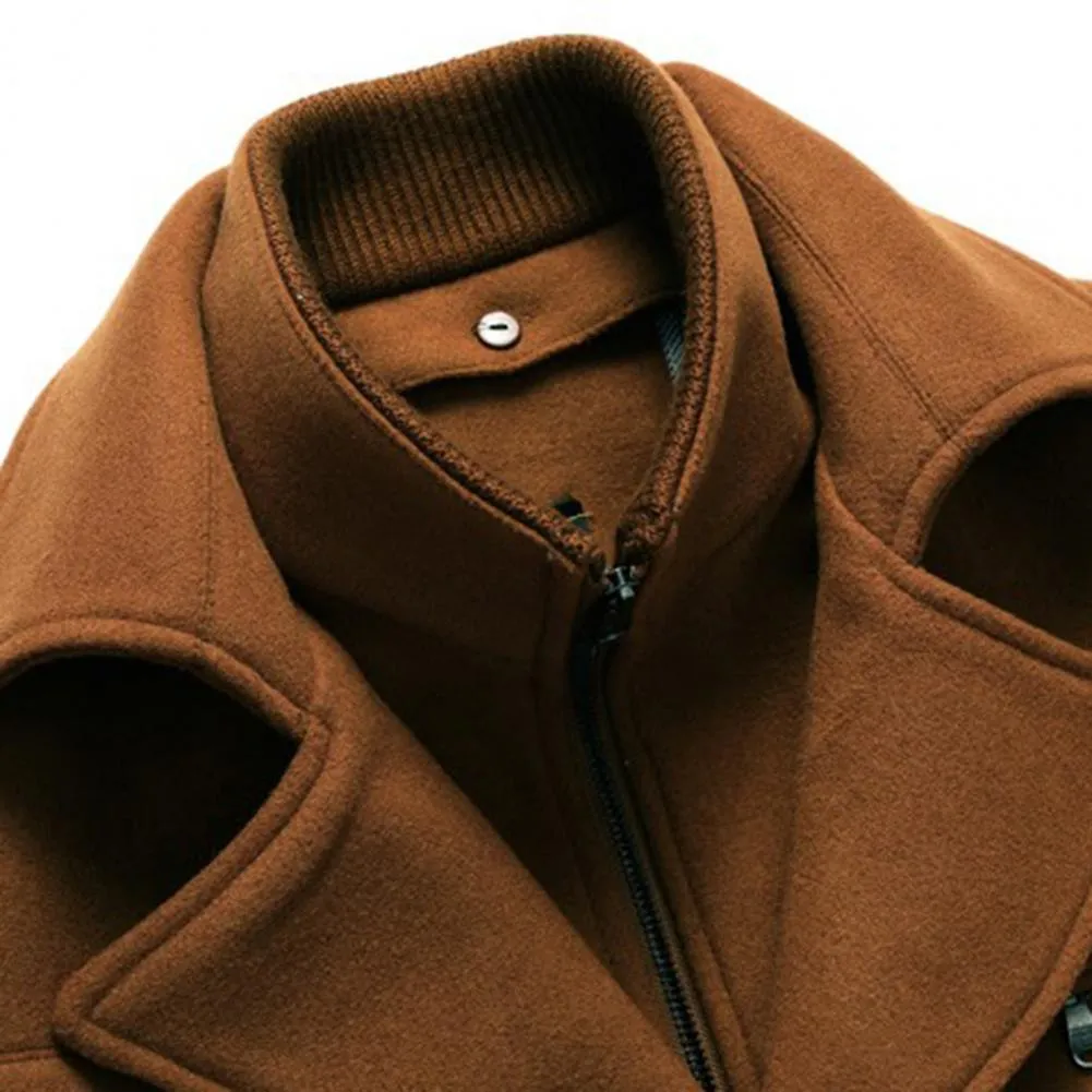 Men Jacket Coat Pockets Winter Windbreaker Solid Woolen Coat Mid-Length  2023