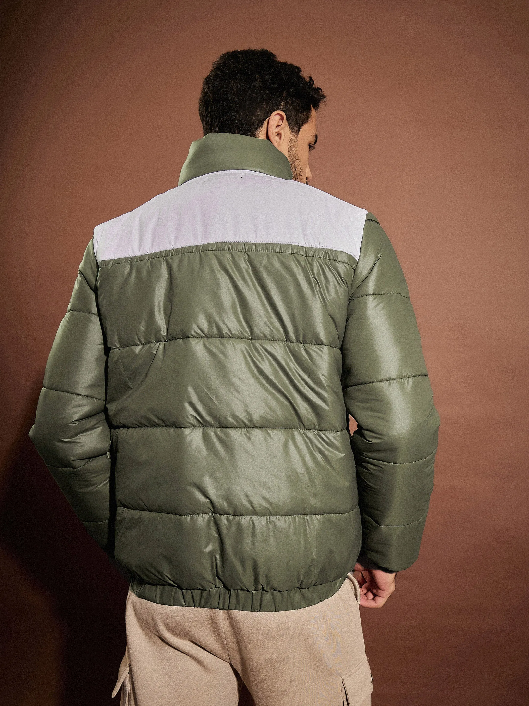 Men Olive & White ColorBlock Puffer Jacket