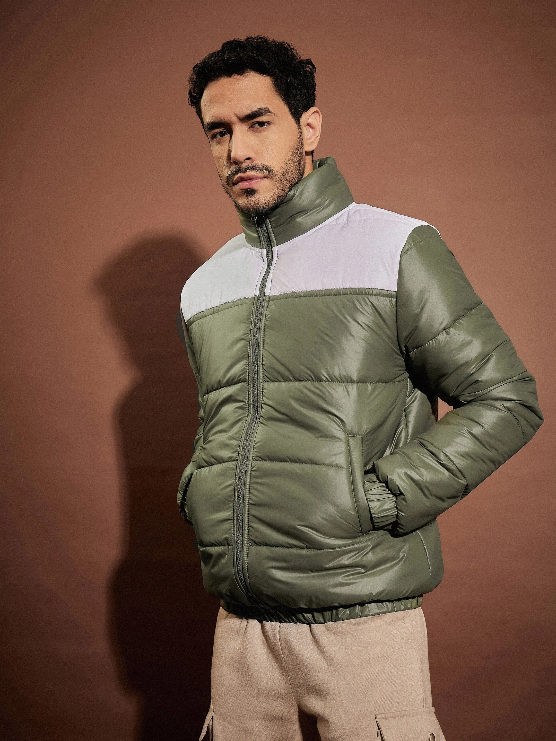 Men Olive & White ColorBlock Puffer Jacket