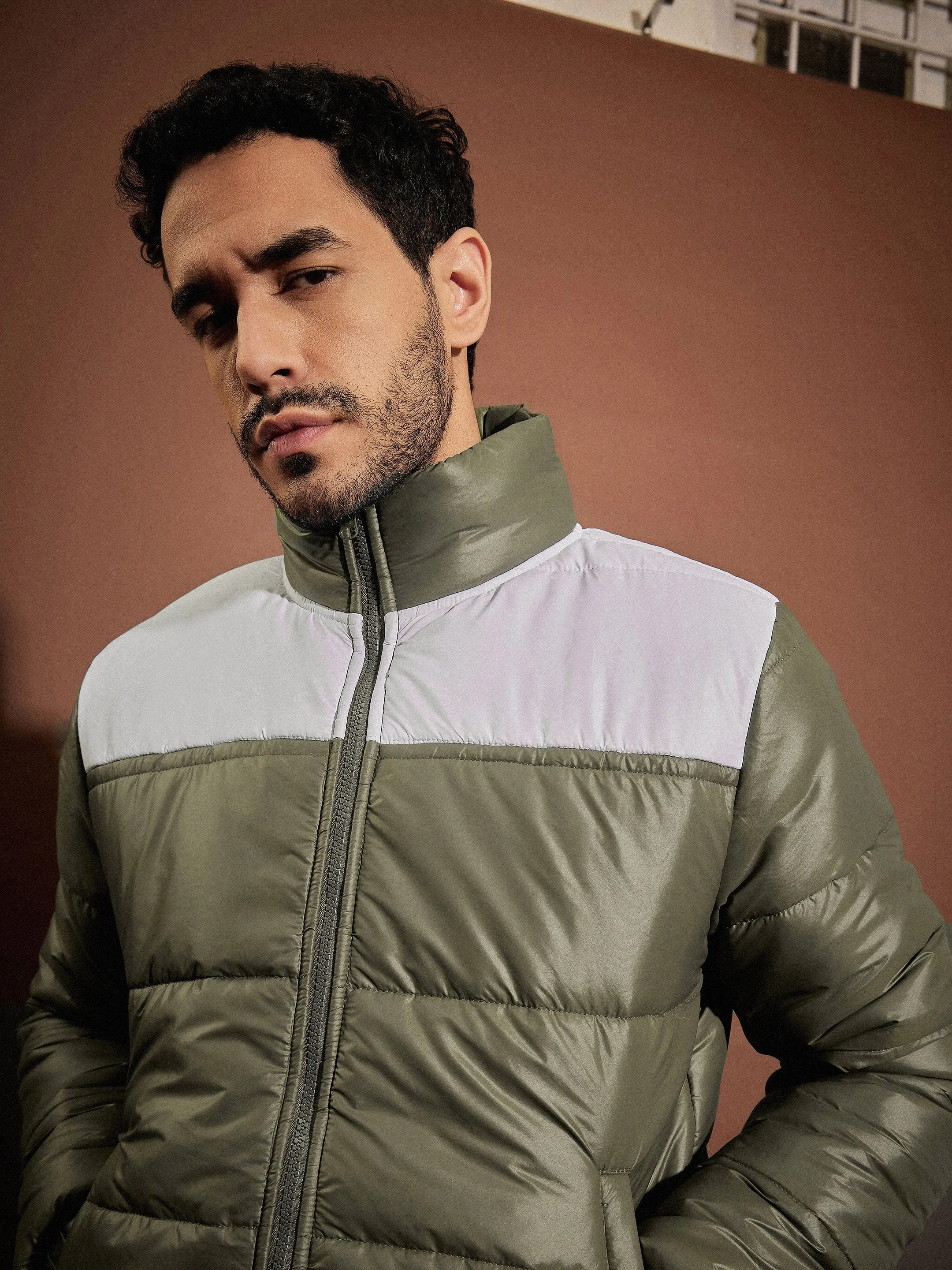 Men Olive & White ColorBlock Puffer Jacket