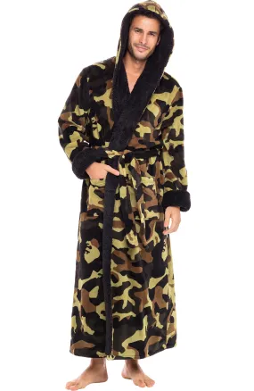 Men’s Long Hooded Sherpa Robe, Hooded Big and Tall Plush Fleece Hoodie Bathrobe Green Camouflage 4XL (A0262ACR4X)