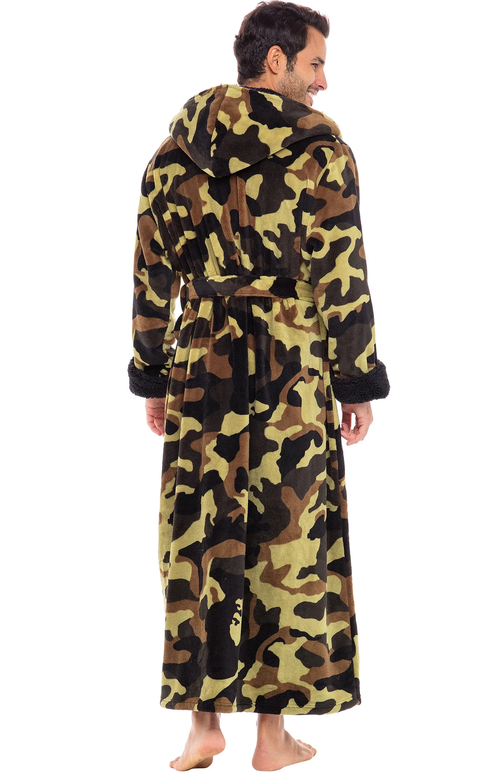 Men’s Long Hooded Sherpa Robe, Hooded Big and Tall Plush Fleece Hoodie Bathrobe Green Camouflage 4XL (A0262ACR4X)