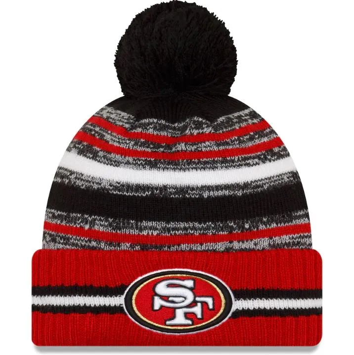 Men's San Francisco 49ers New Era Black/Scarlet 2021 NFL Sideline Sport Official Pom Cuffed Knit Beanie