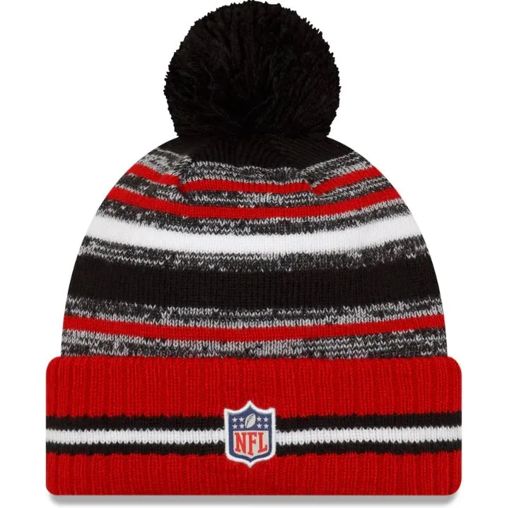 Men's San Francisco 49ers New Era Black/Scarlet 2021 NFL Sideline Sport Official Pom Cuffed Knit Beanie