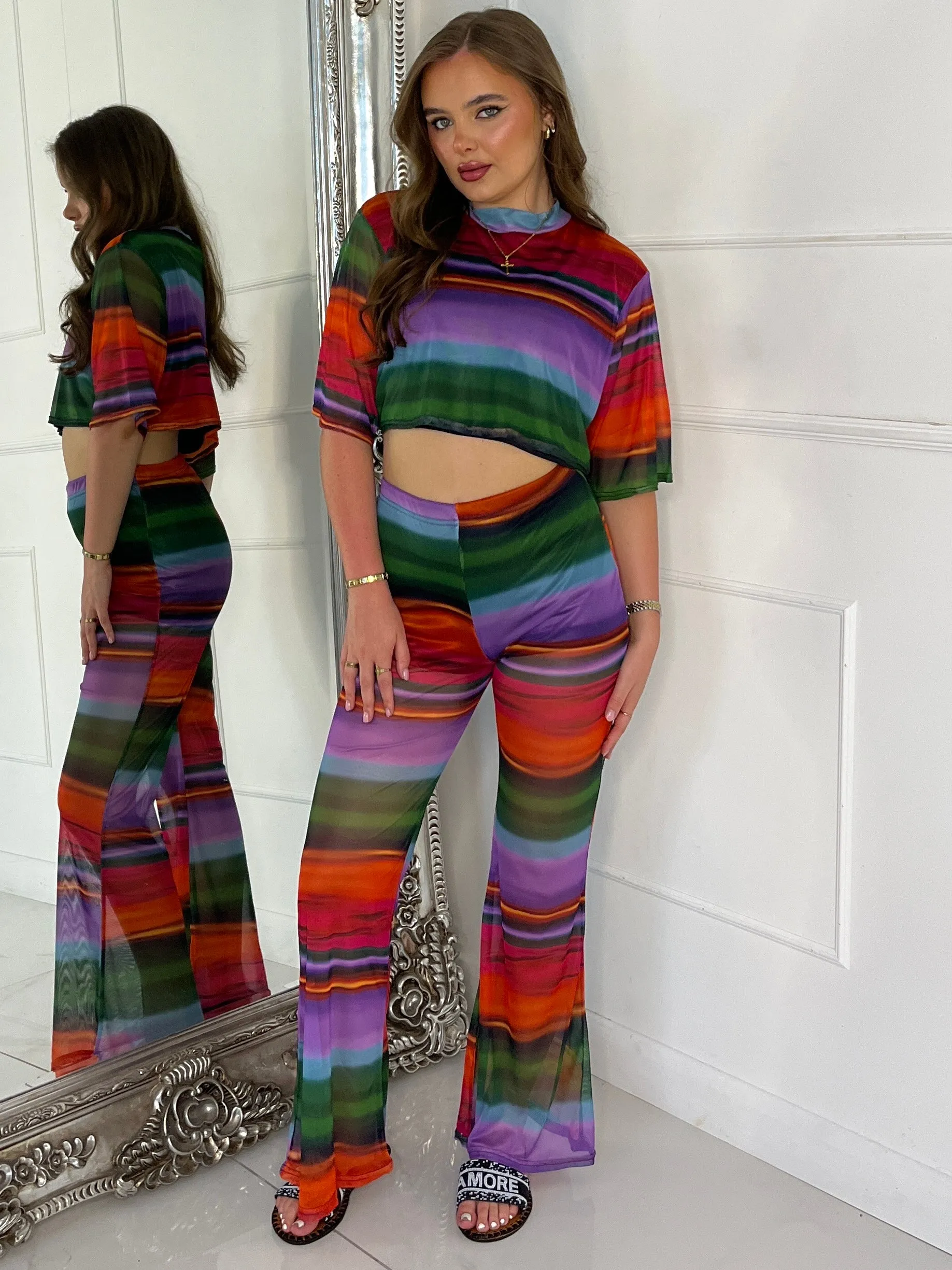 Mesh Cropped T-Shirt and Flares Co-Ord - Multi Ombre