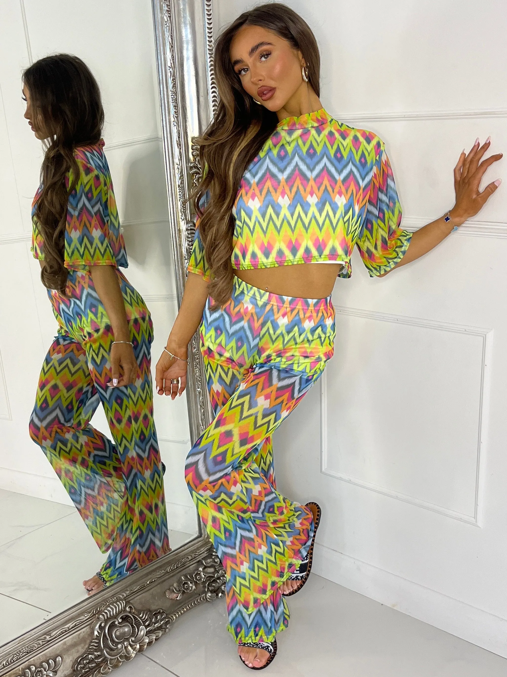 Mesh Cropped T-Shirt and Flares Co-Ord - Multi Zigzag