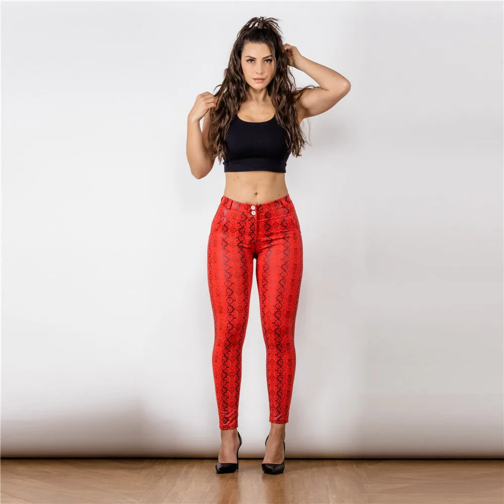 Mid Waist Red Snake Pattern Printing Leggings