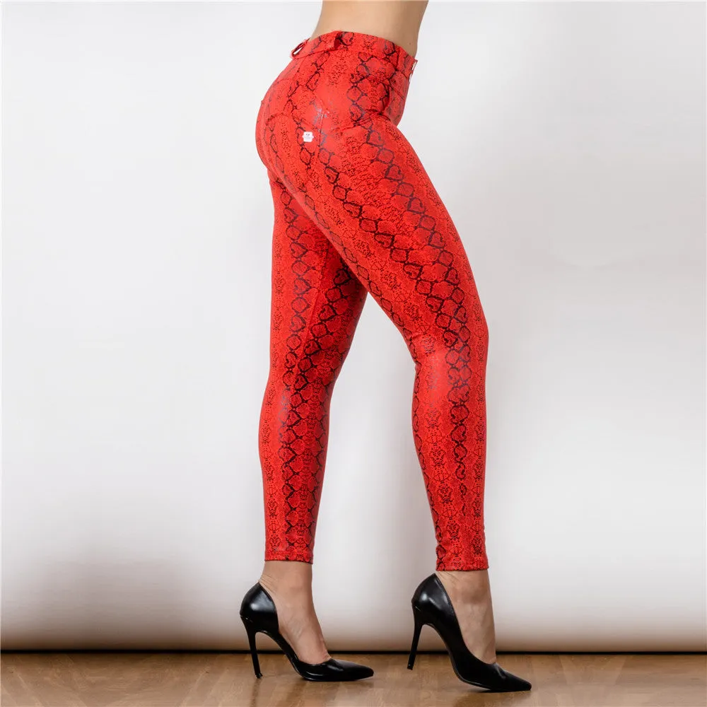 Mid Waist Red Snake Pattern Printing Leggings