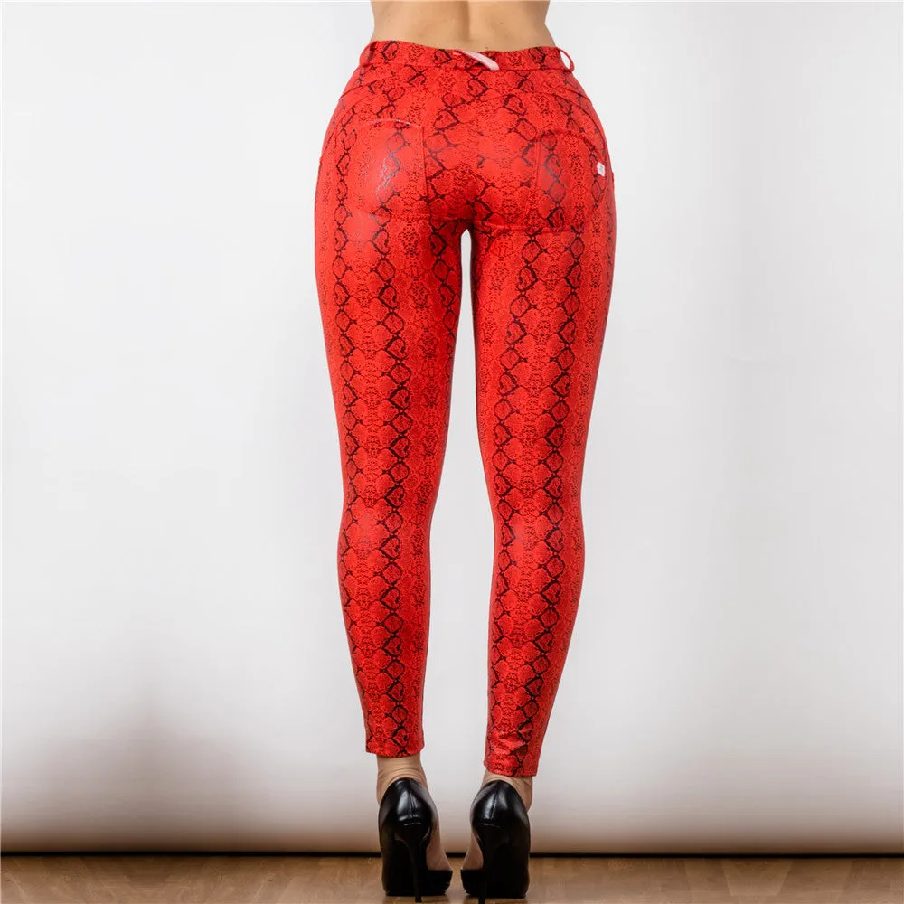 Mid Waist Red Snake Pattern Printing Leggings