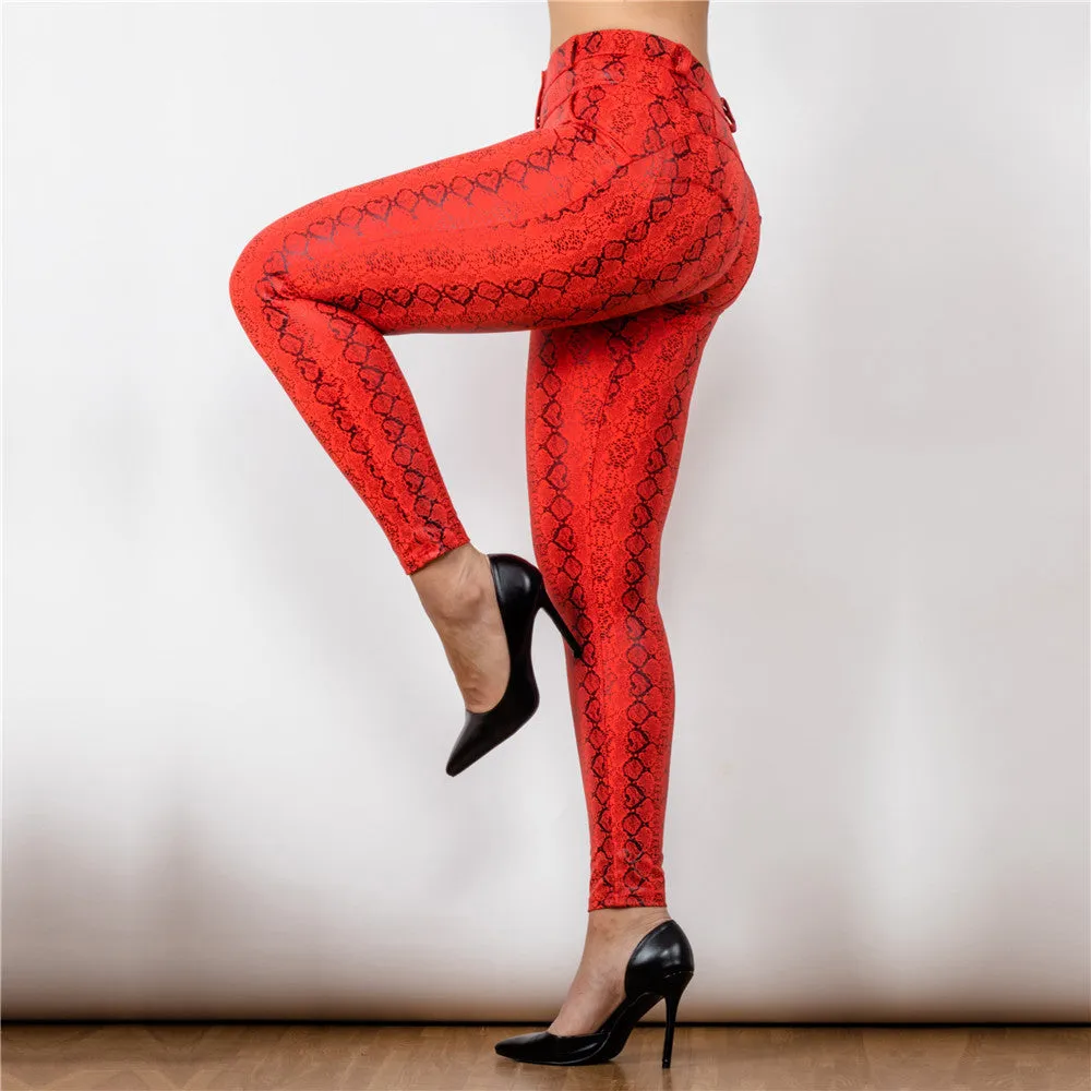 Mid Waist Red Snake Pattern Printing Leggings