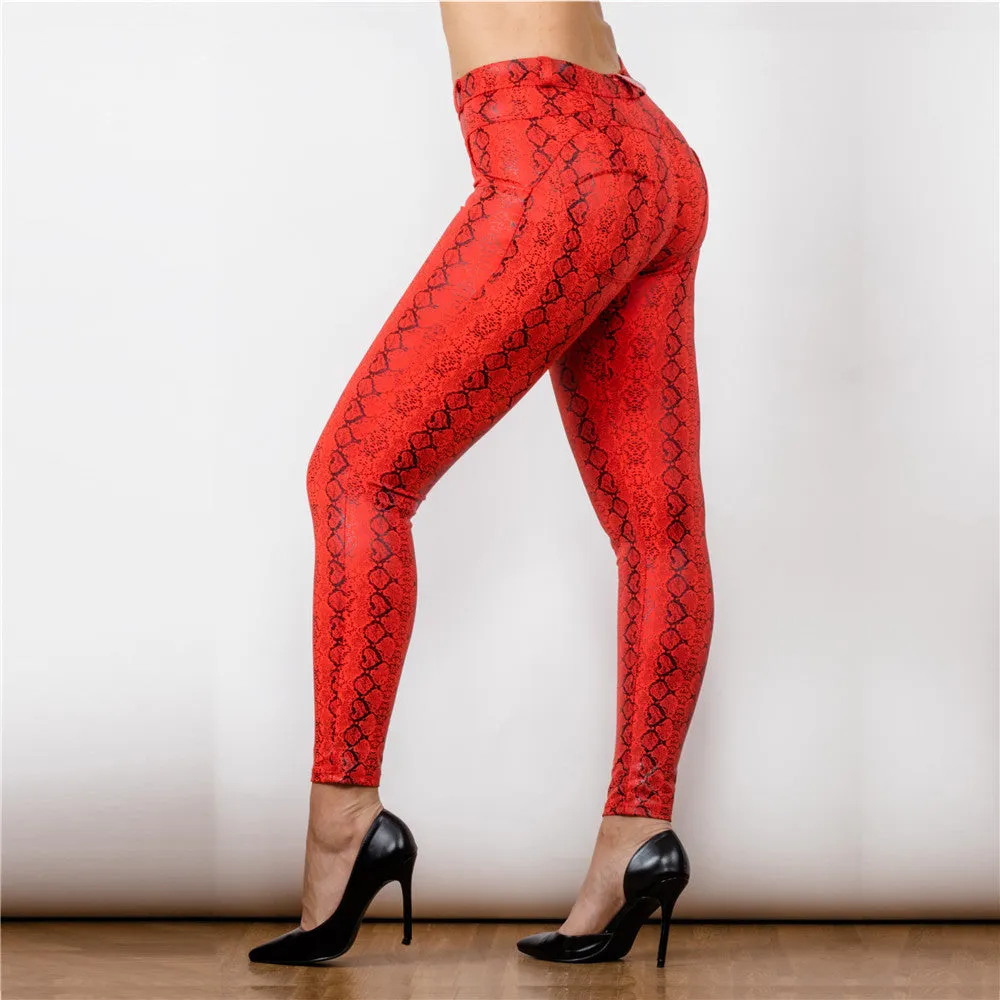 Mid Waist Red Snake Pattern Printing Leggings