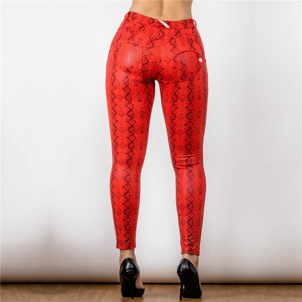 Mid Waist Red Snake Pattern Printing Leggings