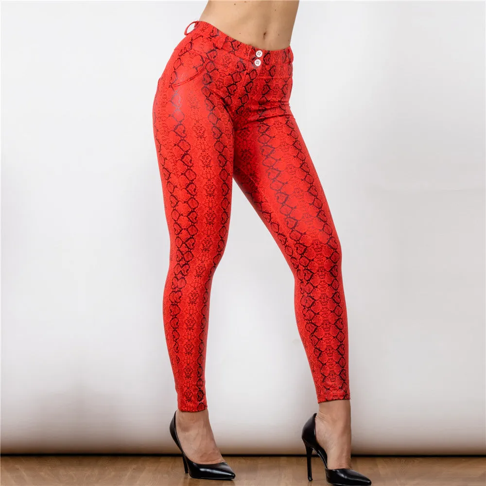 Mid Waist Red Snake Pattern Printing Leggings