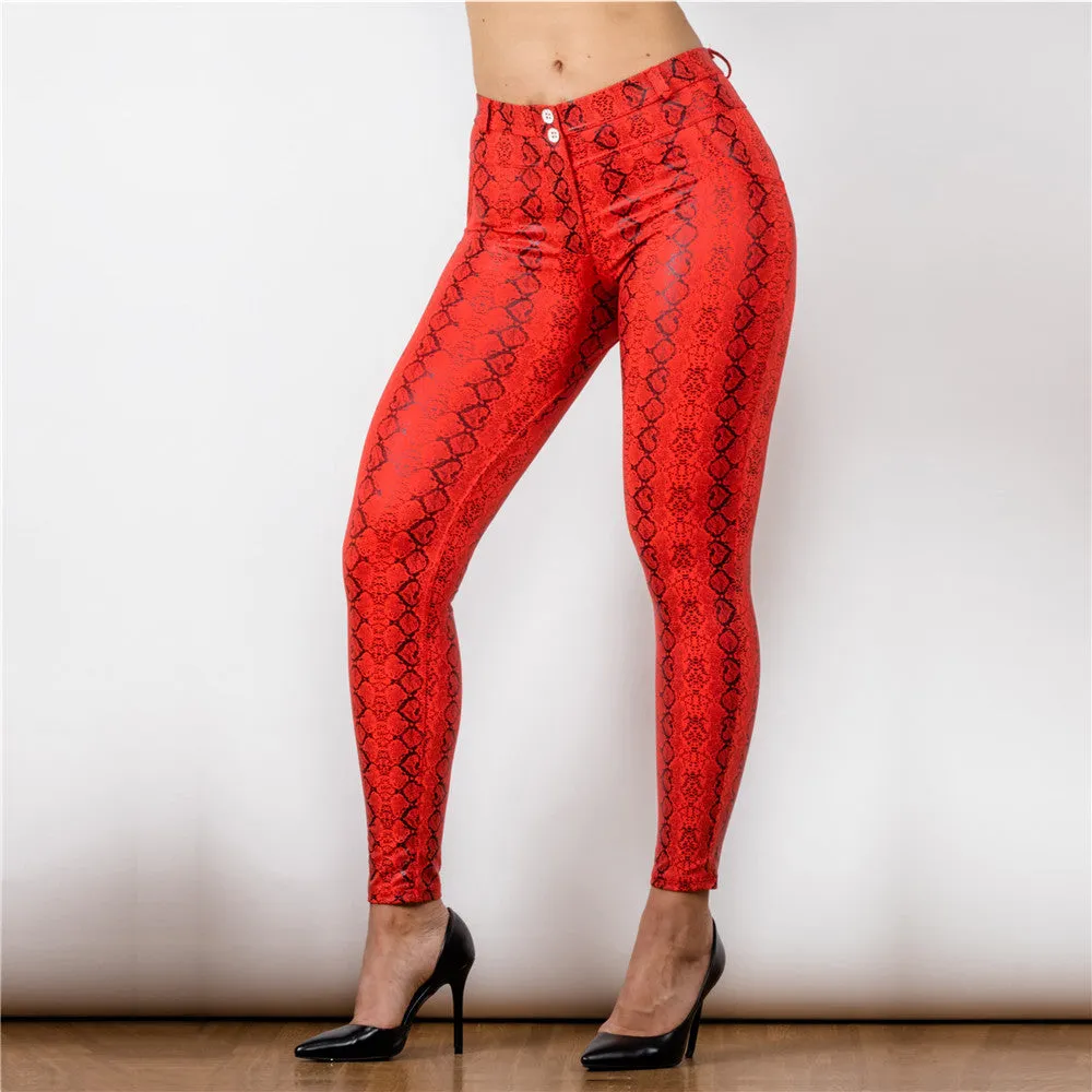 Mid Waist Red Snake Pattern Printing Leggings