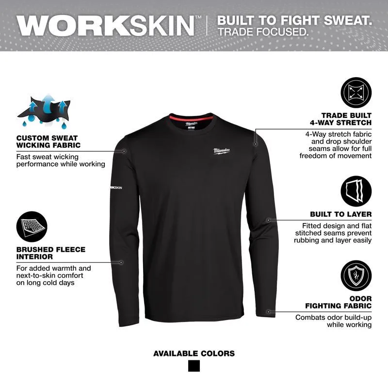 Milwaukee Workskin XXL Long Sleeve Men's Crew Neck Black Midweight Base Layer Tee Shirt