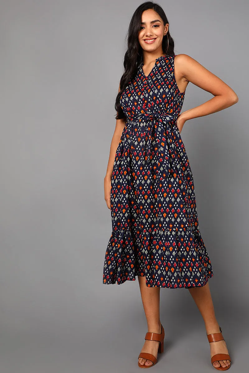 Navy Blue Cotton Abstract Print Midi Dress