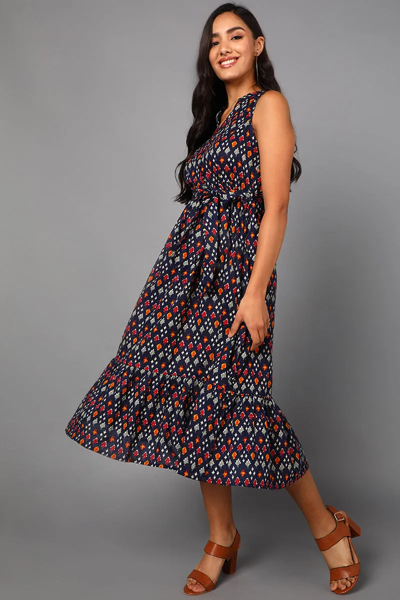 Navy Blue Cotton Abstract Print Midi Dress