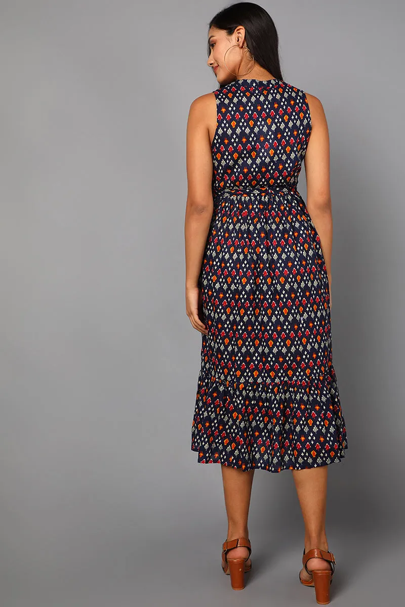 Navy Blue Cotton Abstract Print Midi Dress