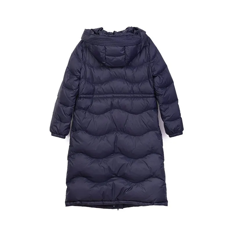 Navy Blue Waisted Long Winter Down Jacket