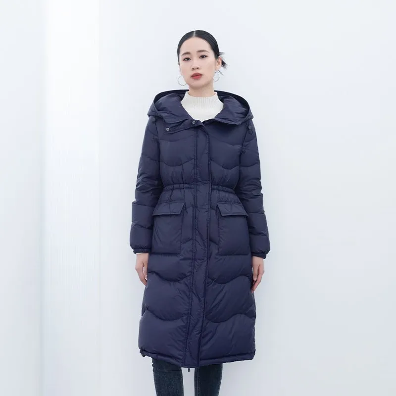 Navy Blue Waisted Long Winter Down Jacket