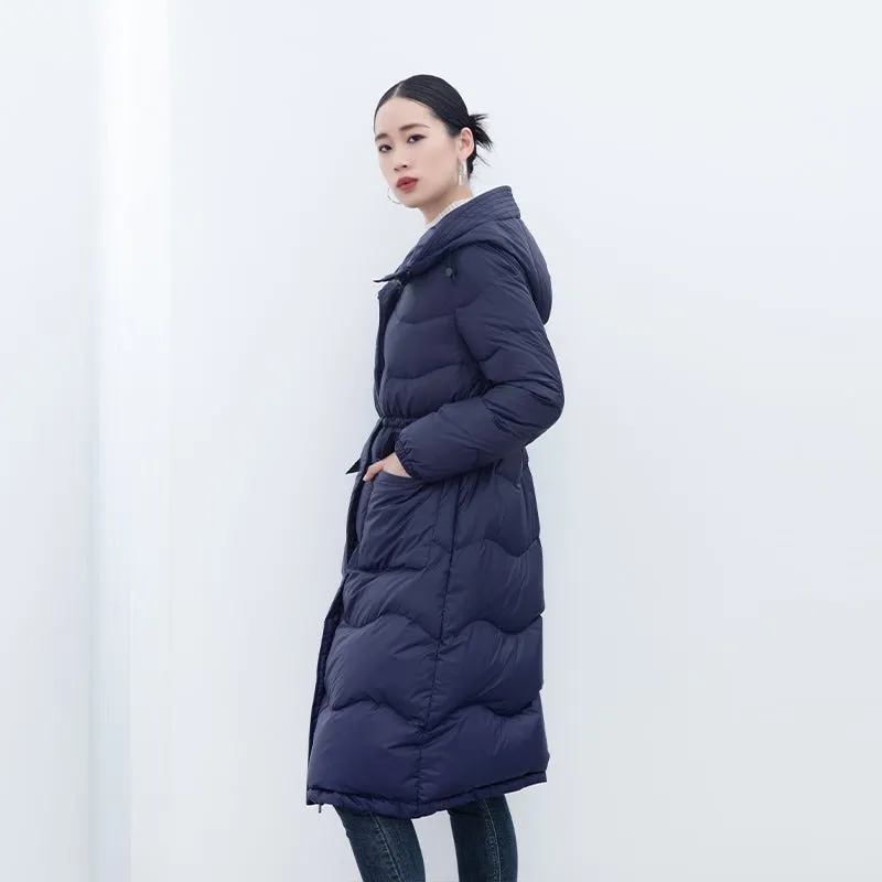 Navy Blue Waisted Long Winter Down Jacket