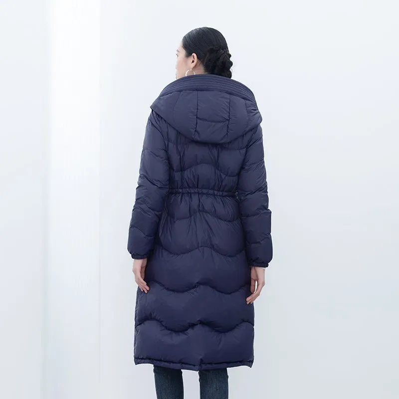 Navy Blue Waisted Long Winter Down Jacket