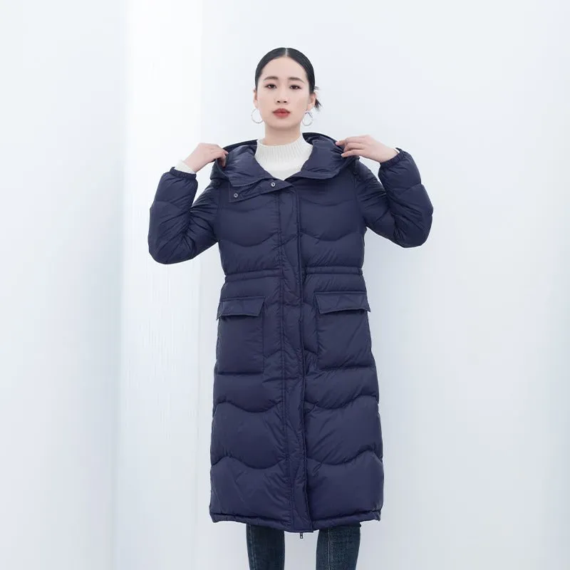 Navy Blue Waisted Long Winter Down Jacket