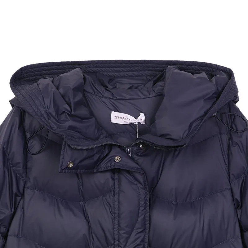 Navy Blue Waisted Long Winter Down Jacket