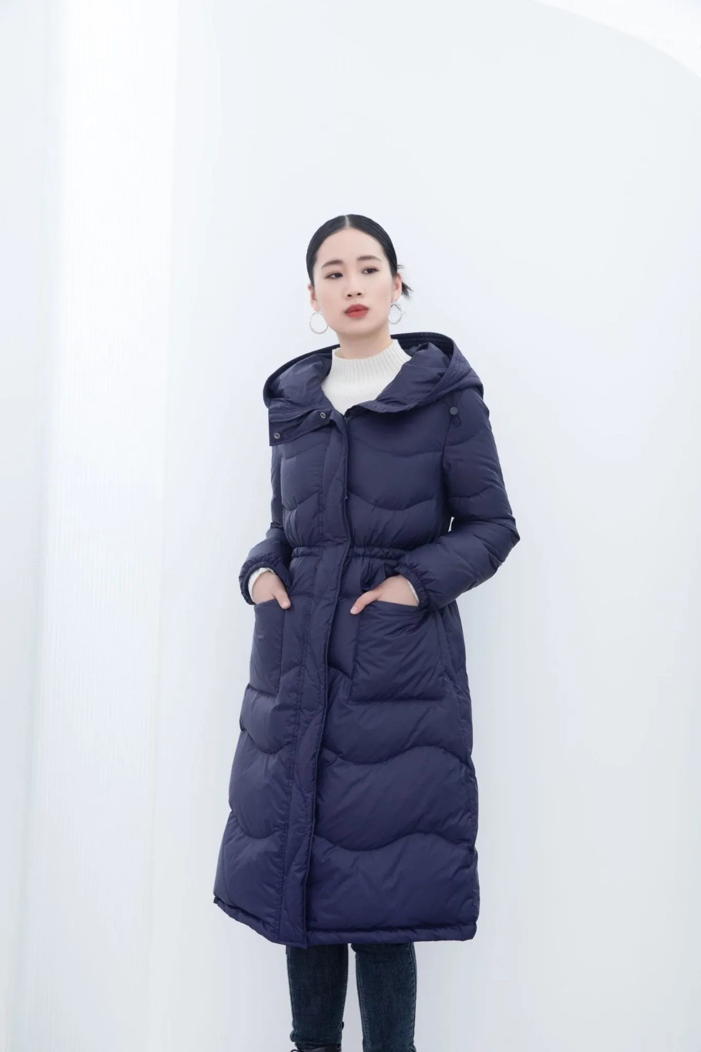 Navy Blue Waisted Long Winter Down Jacket