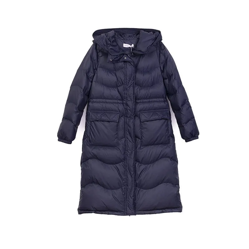 Navy Blue Waisted Long Winter Down Jacket