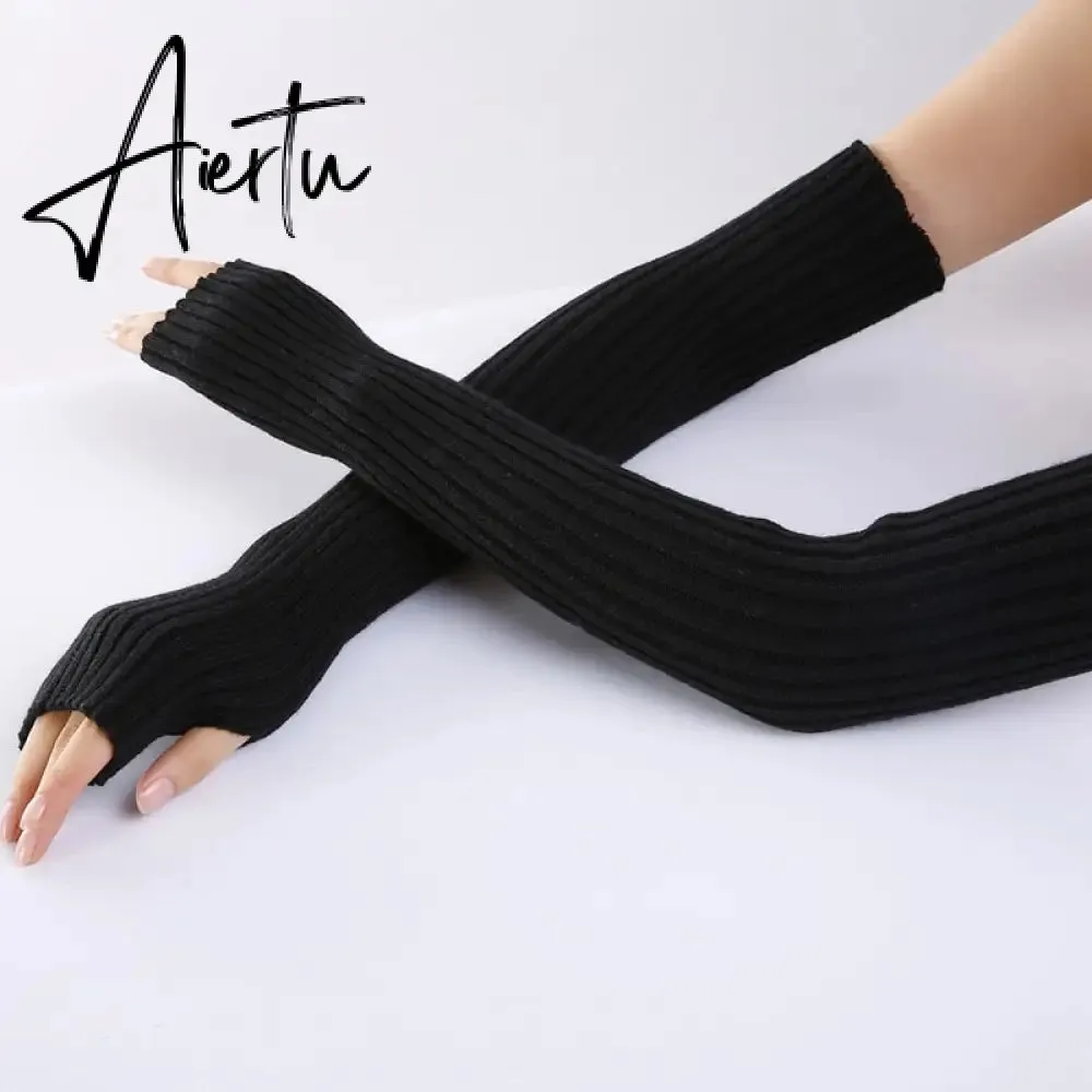 New Long Fingerless Gloves Womens Winter Warmer Knitted Arm Sleeve Fine Casual Soft Girl Goth Clothes Women Punk Gothic Gloves