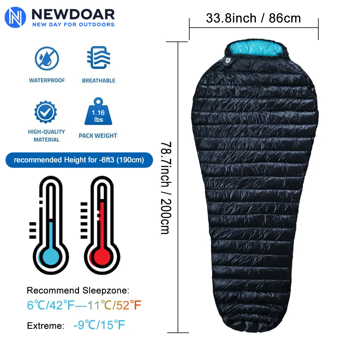 NewDoar Urltra-Light 800FP White Goose Down Camping Sleeping Bag - Black Blue