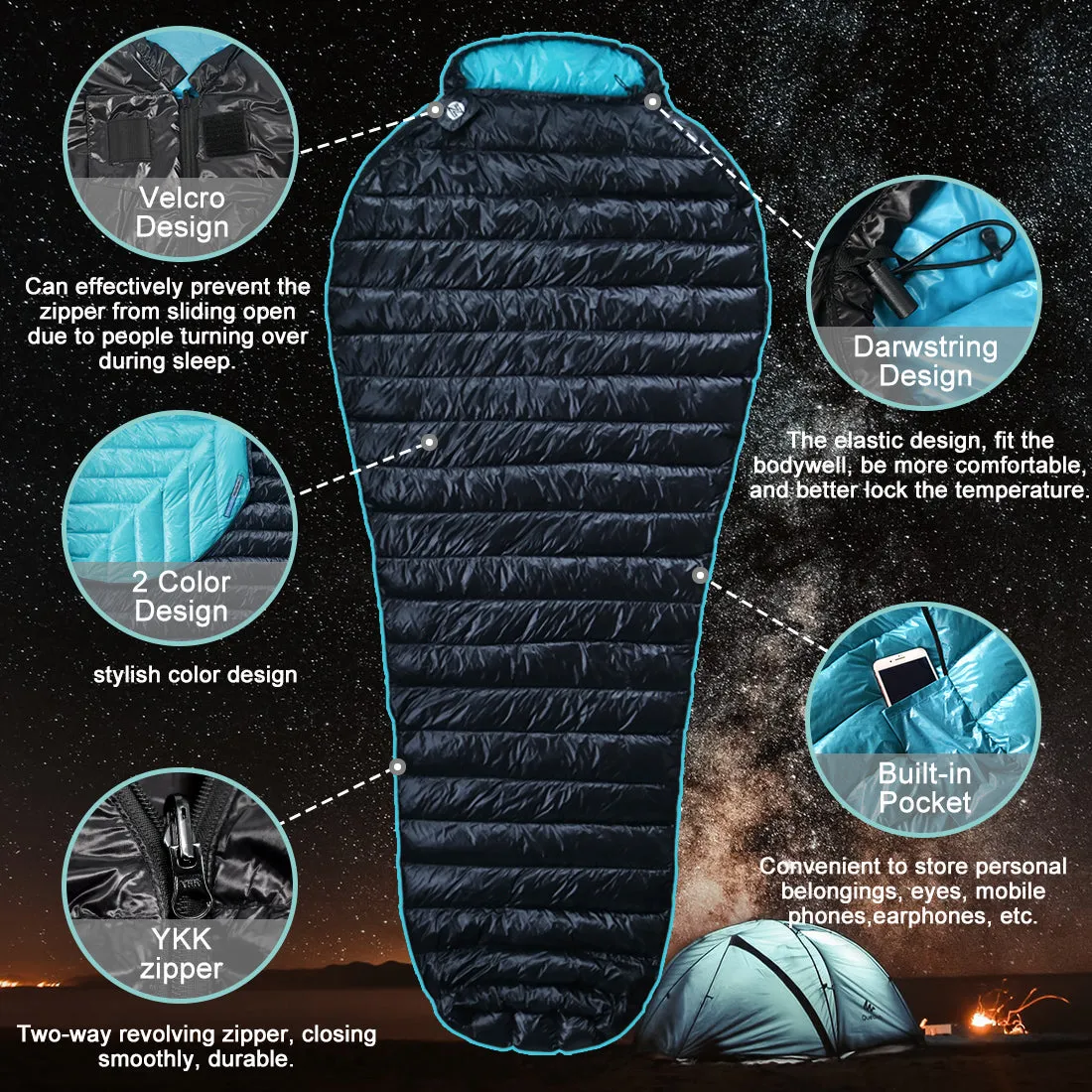 NewDoar Urltra-Light 800FP White Goose Down Camping Sleeping Bag - Black Blue